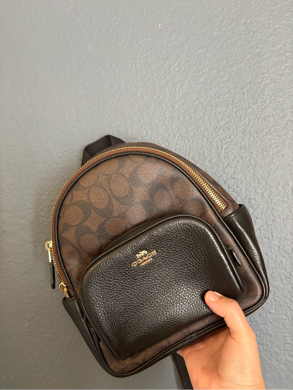 Coach Mini Court Brown Signature Canvas and Black Leather Mini Backpack